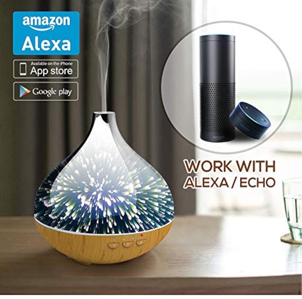 LED 3D Glass Smart Essential Oil Diffusers Alexa Compatible 300ml