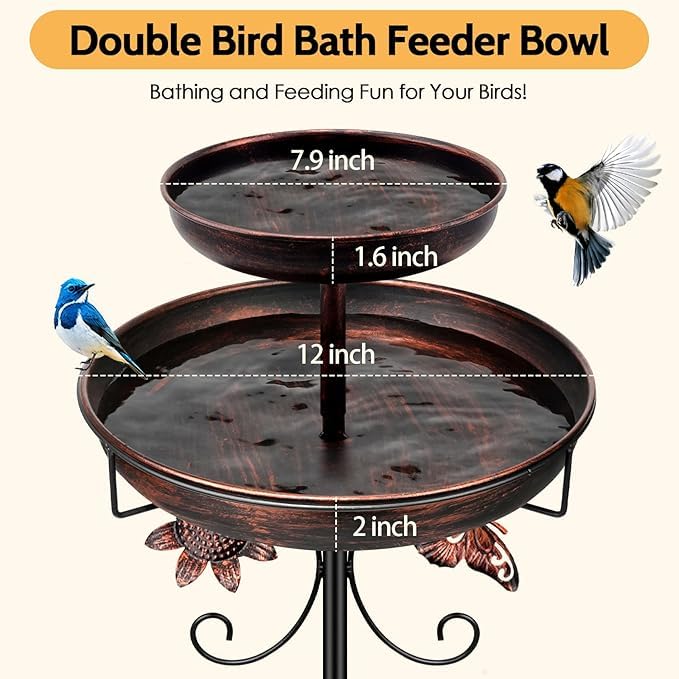 Bird Bath for Outside, 42In Vintage Freestanding Birdbaths for Outdoors, Double Metal Bird Bath Feeder Bowls for Garden Patio Yard Lawn Decor, Upgraded 5-Pronged Base (Antique Bronze)