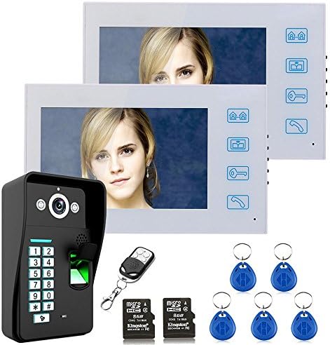 MOUNTAINONE 7" Recording 2 Monitor Fingerprint Recognition RFID Password Video Door Phone Intercom Doorbell With 8G TF Card Night Vision Security CCTV Camera Home Surveillance