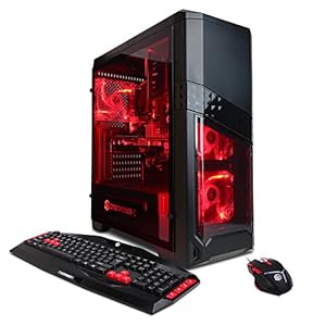 Computer with red LEDs next to a mouse and keyboard