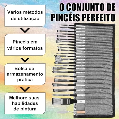 24 pcs Kit Pincel Pintura, Kit Pincel Artístico, Pinceis para Pintura, kit 24 Pincel Profissionais Pintura Óleo, Conjunto de Pincéis, Pincel para Aquarela, Escova de Madeira
