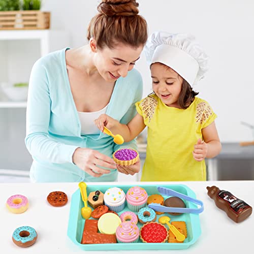 LovesTown Pretend Play Desserts Toy, 29 PCS Kids Desserts Food Toy Set Pretend Tea Party Food Fake Food Toy for Kids Birthday Gift