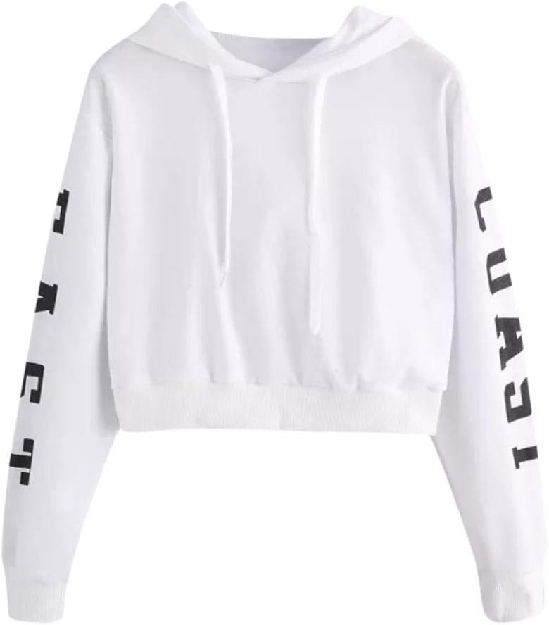 HARRYSTORE Womens Ladies Girls Hoodie Crop Tops Letter Print Long Sleeve Hooded Sweatshirt Cropped Sweat Tops Pullover Jumpers