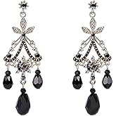 Vintage Black Rhinestone Dangle Earrings for Women Boho Drop Earrings Black Crystal Chandelier Earrings for Bridal Wedding Party Prom Jewelry Gifts