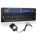 PALO 16 Bay Smart Battery Charger LCD Display for AA/AAA NiMH/NiCd Rechargeable Batteries with Built-in IC Protection & AC Wall Adapter (Upgraded Charger)