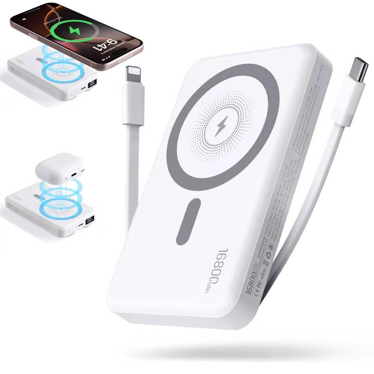 2025 Magnetic Wireless Power Bank, 16800mAh Portable Charger with 2 Built in Cables, LED Display Magnetic Battery Pack Travel Essentials for iPhone 16/15/14/13/12/Pro/Mini/Pro Max Andriod-White Image 2025 Magnetic Wireless Power Bank, 16800mAh Portable Charger with 2 Built in Cables, LED Display Magnetic Battery Pack Travel Essentials for iPhone 16/15/14/13/12/Pro/Mini/Pro Max Andriod-White Image