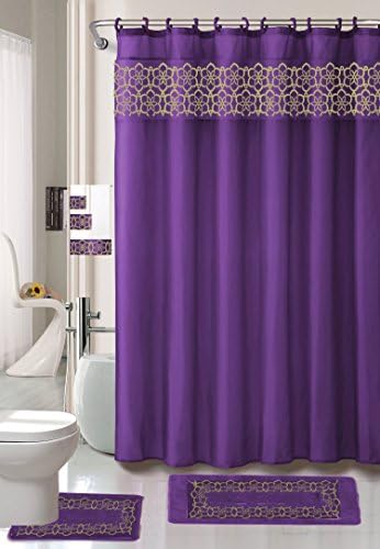 18 Piece Elegant Bathroom Set: 2-Rugs/Mats (1-Contour Rug, 1-Bath Mat) Poly Acrylic Pile Rubber Backing, 1-Fabric Shower Curtain, 12-Fabric Covered Rings, 3-Piece Decorative Towel Set (Purple)