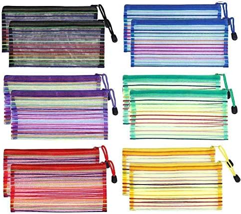 24 Pack Zipper Mesh Bag, Plastic Zipper Waterproof Mesh Bag Zip Document Pouches Travel Storage Bags in 6 Colors