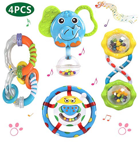 GRACEON Baby Rattles Teether Toy | Set for Newborns & Infant Developmental Hand Grip Baby Toys | Cute Animal with Sound for 3 6 9 12 Months and Newborn Gift| Perfect for Boys and Girls (4 Pack)
