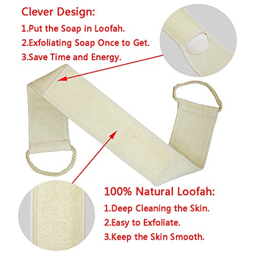 Loofah Exfoliating Back Scrubber For Shower, Double Side Scrubbing Strap, Body Bath Sponge with 100% Natural Luffa, Back Washer for Men and Women