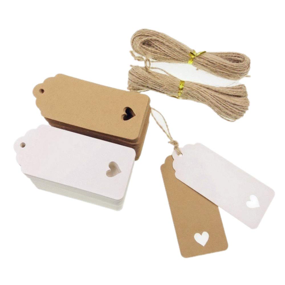 JZK 100 pcs White & 100 pcs Brown Heart Kraft Paper Gift Tags + 40M Jute Twine String, Price tag Luggage tag Cardboard Tags for Wedding Party Favours DIY Bookmark