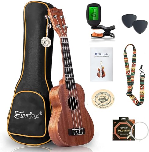 Mahogany Soprano Ukulele Starter Kit - Professional 21 inch w/Case Strap Tuner Aquila Strings