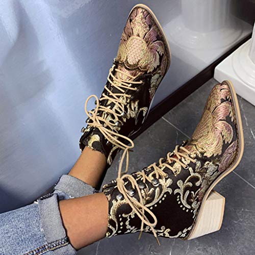 TnaIolral Women Suede Boots Square Heel Embroidery Boots Lace-Up Pointed Toe Shoes (US:8, Black)