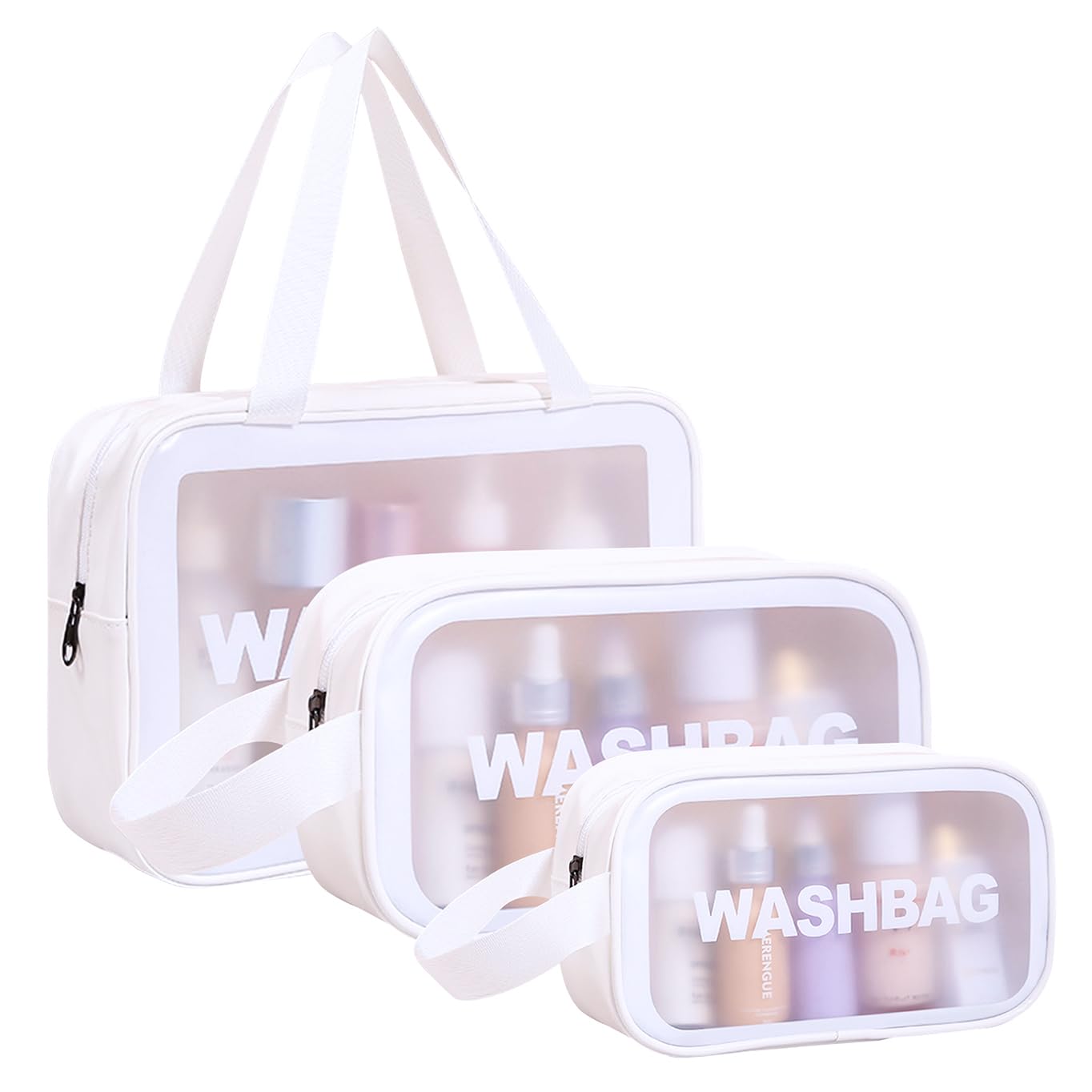 3 Pcs Washbag for Women, Ladies Clear Travel Toiletry Bag, Waterproof Makeup Bag, Cosmetic Organizer for Bathroom, Transparent Bag (White)