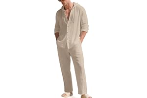 Mens Linen Clothes Sets Hooded Long Sleeve Button Front Loungewear and Trousers Soft Comfy Pocket Casual Outfit