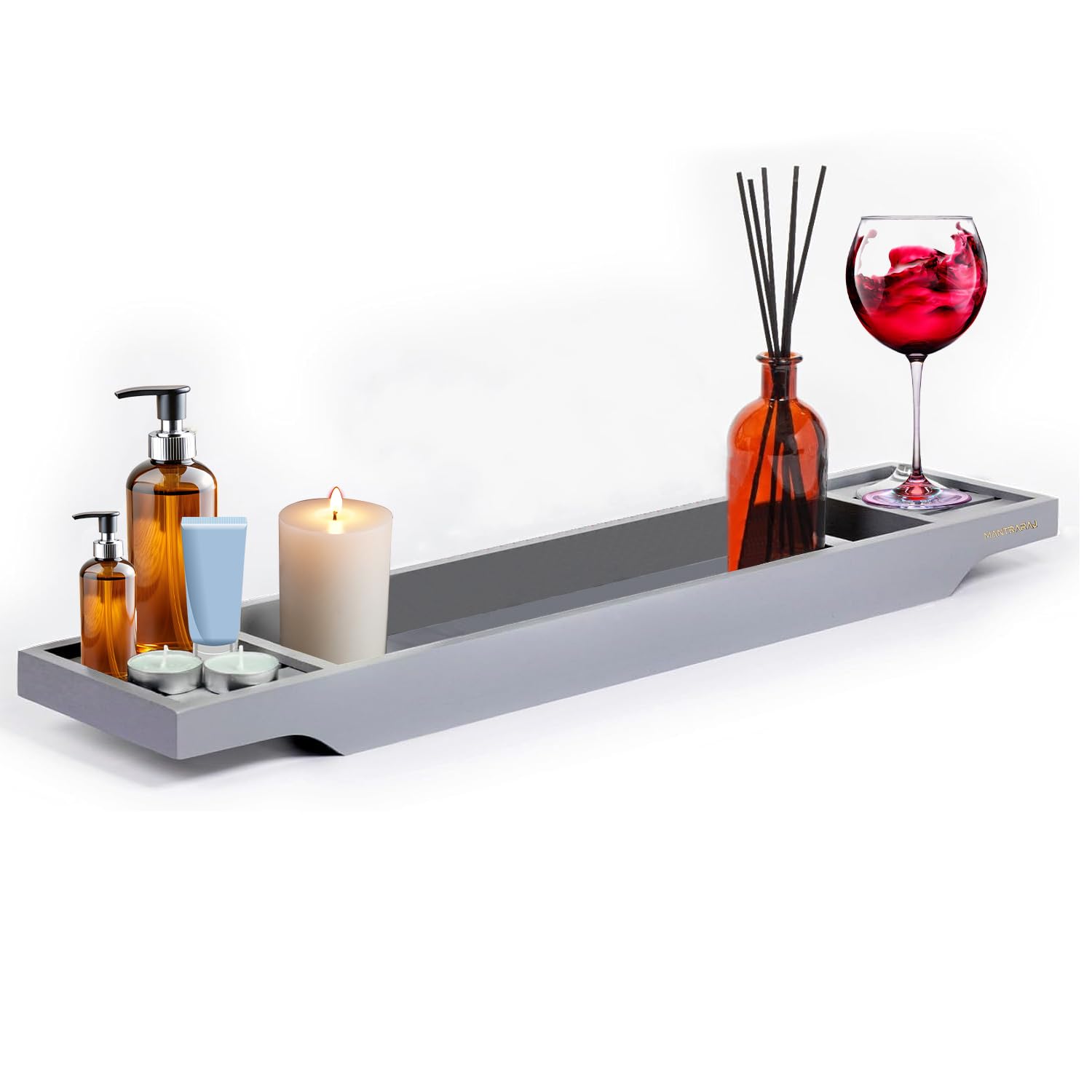 MantraRaj Bamboo Bath Caddy - Wooden Bathtub Bridge Organizer with Storage Shelf for Reading, Tablet, Wine Glass and Bathroom Accessories (Grey)