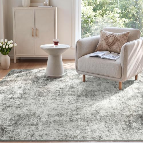 DEFYNEE Wohnzimmer Teppich 90 x 150 cm | Rutschfester Kurzflorteppich in abstraktem Design | Waschbar für Schlafzimmer & Homeoffice, Grauweiß