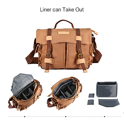 Canvas Leather DSLR SLR Vintage Shoulder Camera Messenger Bag Outdoor Travel Photography Bag Gadget Organizer with Shockproof Insert & iPad Magazine Pocket for Sony Canon Nikon (Large Brown)