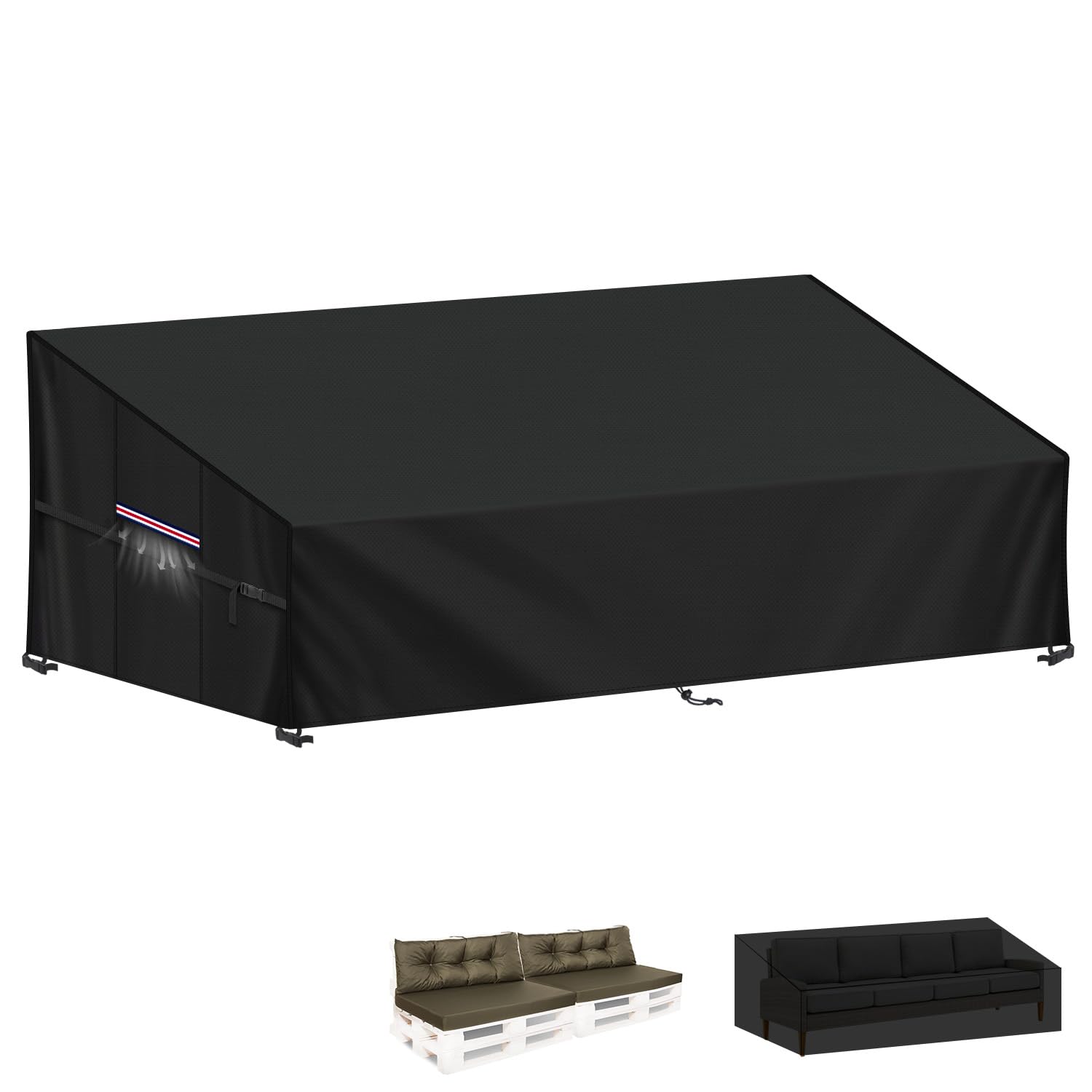 LAMUNI Pallet Sofa Covers Outdoor Garden Sofa Cover 4 Seater Deep Seat Garden Couch Cover Waterproof Rattan Corner Sofa Cover 420D Oxford Pallet Furniture Covers with Air Vent, 250x99x80/40cm