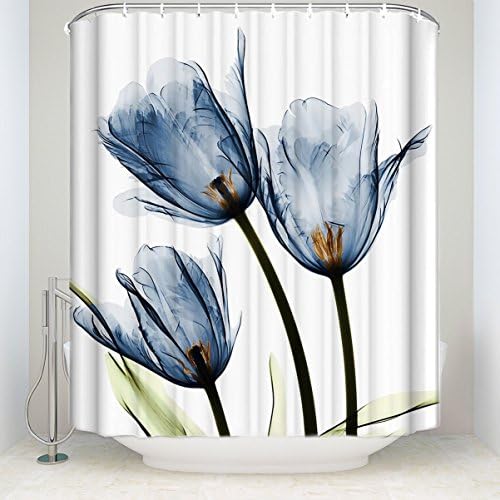 LovingIn Blue Tulip Flowers Florals Shower Curtains Fabric Polyester Bathroom Curtains with Hooks (Trio X-Ray) 72x72inch