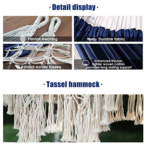 Anyoo Hängematte Outdoor Große Baumwoll Hängematte mit Baum Gurten, Bequem und Atmungsaktive Hängematte mit Fransen für Garten Terrasse Balkon Hof Strand Dunkelblau – Bild 6