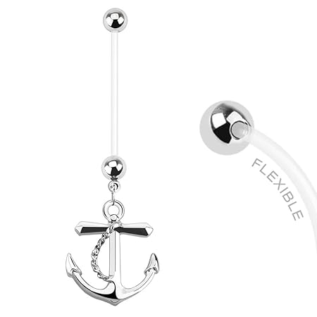 Treuheld® | SCHWANGERSCHAFTSPIERCING mit süßem Anker für den Bauchnabel - Silber - 1,6 x 25mm Schiffsanker - Flexibles & lang