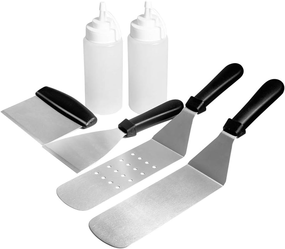 Multi-Purpose BBQ Tool Kit 3 Spatulas, 1 Chopper Scraper, 2 Bottles for Blackstone Grill and Griddle, Camp Chef Flat Top Grill Camping and Tailgating, 6 Piece