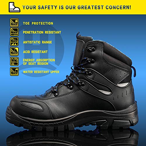 GLORYA Composite Toe Work Boots for Men, Safety Shoes Slip Resistant Anti-Static Leather Work Boots Black Size 9 - Thumbnail 2