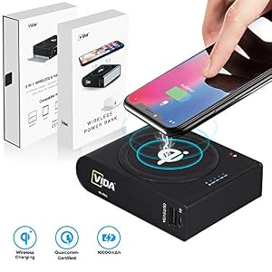 CVIDA Power Bank wireless, 10000 mAh, 10 W, caricabatterie wireless Qi veloce con 3 uscite e 2 ingressi di grande capacità, batteria esterna compatibile con smartphone, tablet, Mackbook (supporta 18 W PD, QC 3.0