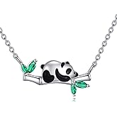 HKPATOP Panda Necklace S925 Sterling Silver Panda Bamboo Pendant Necklaces Animal Jewelry Gifts for Women