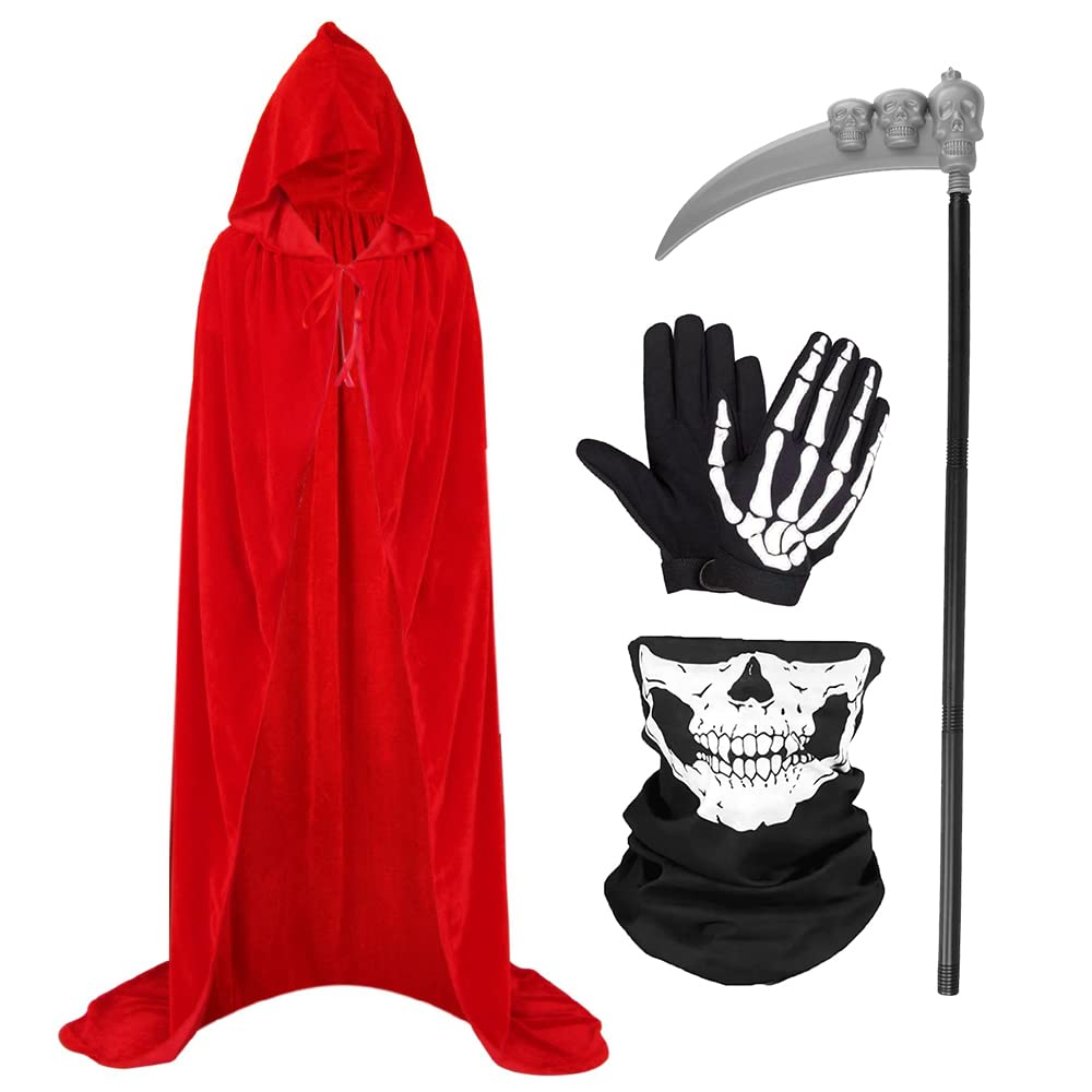 Wishstar Halloween Red Hooded Cloak Women Men Velvet Fabric Long Cloak with Scythe Skull Mask Skeleton Gloves,for Halloween and Makeup Party Costume Props