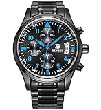 SONGDU Date Black Military Multifunction Chronograph Mens Watches Stainless Steel Luminous Blue Numerals