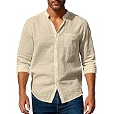 Scapodo Men's Linen Blend Shirt - Long Sleeve Solid Color Button Down Henley Casual Shirt for Vacation Business
