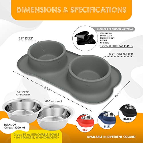 Large Dog Bowls & Mat Set Two Big 54oz (108oz Total) Removable