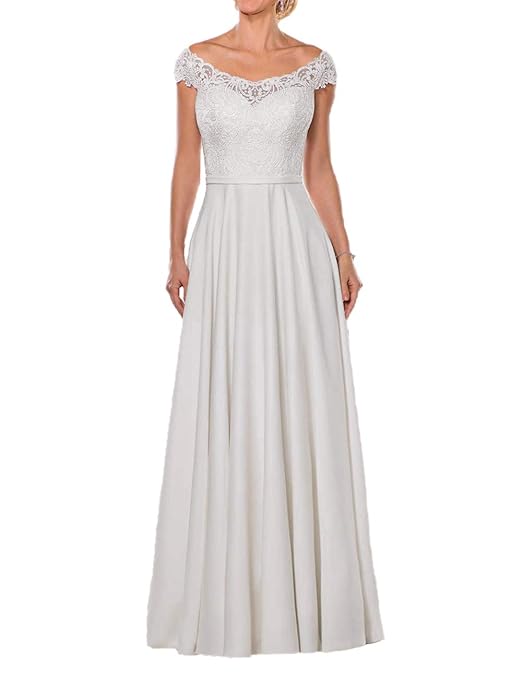 Schlichte Brautkleider Off-Shoulder Spitze Lang A-Linie Schleppe Hochzeitskleider Satin Cap-Ärmel Standesamt Kleider