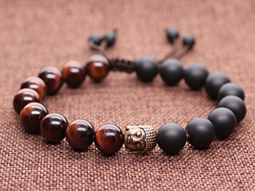 COAI Natural Red Tiger Eye and Matte Onyx Buddhist Prayer Bead Bracelet for Men