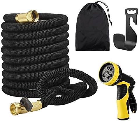 VOLFO 100 Feet Expanding Garden Hose with Heavy Duty 9 Adjustable Watering Patterns Spray Nozzle, Natural Latex Core, Plastic Water Nozzle, Free Storage Bag and Metal Hanger