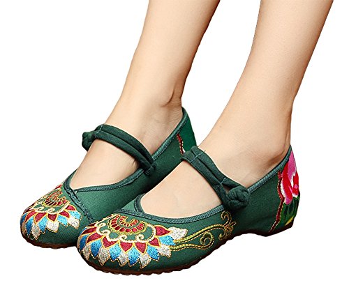 AvaCostume Women's Buddhism Totem Embroidery Casual Mary Jane Shoes, Green 39