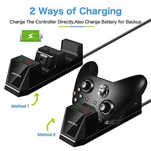 ONETEKS Xbox One Controller Charger with 2X 1200mAh Rechargeable Battery Packs Dual Xbox Controller Charging Station for Xbox One/One S/One X/One Elite(Black)