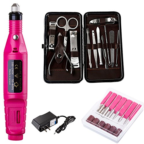 HeCloud Nail Electric Drill Set Red Nail Care Grooming Kit Tool Nail Art Drill Treatments KIT Polish Pen Shape Acrylics with 12pcs Cutters Clippers Art File Bit 6 Optional
