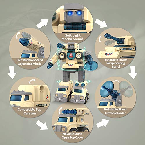 Car Toys Take Apart Robot with DIY 5 in 1 Peace Defender Military,Special Vehicles Transform into Robot,STEM Disassemble Mecha,Great Gift for Kids, Boys & Girls