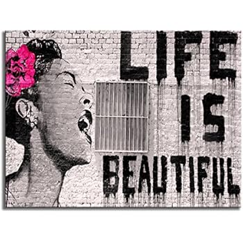 Wieco Art Banksy Life is Beautiful Modern Gallery Wrapped Giclee Canvas Prints Artwork Grey Love Abstract Pictures Paintings on Canvas Wall Art Ready to Hang for Bedroom Home Office Decorations