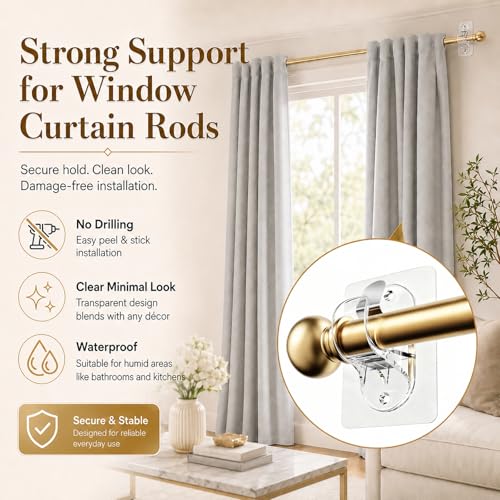 Wosyoodo 4 Ganchos para Cortinas Sin Taladrar con Tornillos - Soporte Invisible Transparente para Barra de Cortina (Hasta 20 lb), para Barra Ø 1.5-3.3 cm, Ideal para Cortinas y Toallas