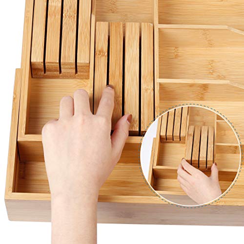 Utensil Drawer Organizer Bamboo Flatware Organizer Expandable Kitchen Silverware Organizer Cutlery Tray with 2 Removable Knife Blocks 8 Compartments Kitchen Tray for Utensil, Cutlery, Flatware, Silver