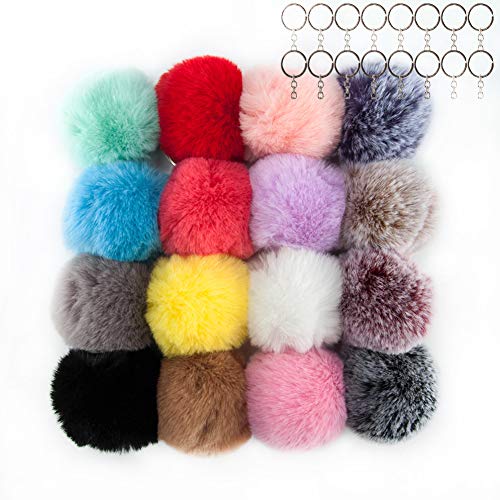 16 PCS Pom Poms Keychains Fluffy Faux Rabbit Fur Pompoms Balls for Girls Women (Mix Colors)