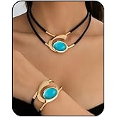Gold Turquoise Jewelry Sets for Women Bohemian Double-Layer Necklace Chunky Vintage Pendant Necklace and Adjustable Non Tarnish Bracelet Boho Fashion Statement Jewelry Sets Gifts