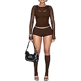 Mandonce Sexy Outfits Mesh Long Sleeve Crop Top Low Cut Vest and Mini Shorts Leg Sleeve Bodycon Y2k Cute 2 Piece Lounge Set