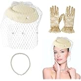 Cenbee Women's Fascinators Veil and Retro Charming Mesh Hat with Lace Gloves Imitation Pearl Necklace,Suitable for 1920s or 1950s Vintage Tea Party Cocktail Hall Wedding Church Derby Hat Set. Beige
