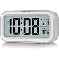 PEAKEEP Smart Night Light Digital Alarm Clock with Indoor Temperature, Battery Operated Desk Small Clock (White)
