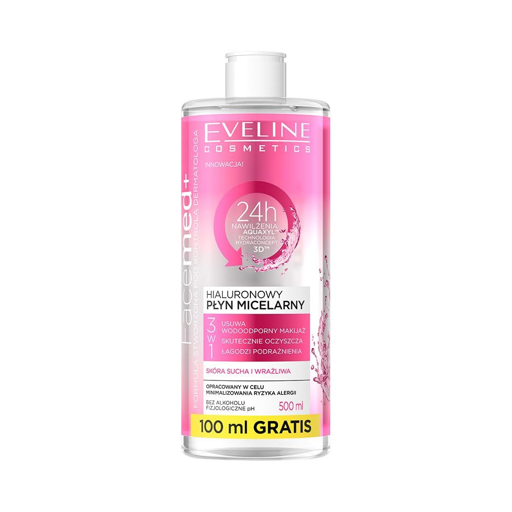 Eveline Cosmetics Facemed+ Hyaluronic 3-in-1 Micellar Water Cleansing & Hydrating Solution, 500ml